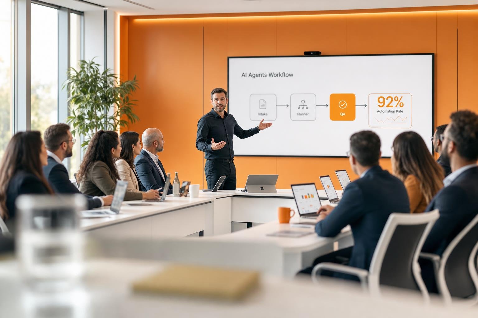 Sala de treinamento executivo da Masterclass AI First com executivos acompanhando apresentação sobre agentes de IA